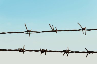 Bir çiftliğin dikenli telleri, arka planda mavi gökyüzü