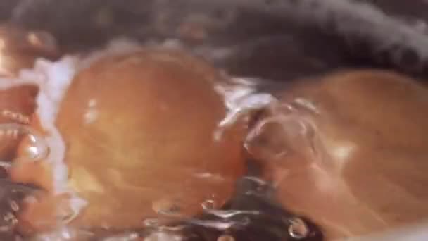 Boiling Eggs Saucepan Breakfast Close Zoom Shot Slow Motion Selective — Stock Video