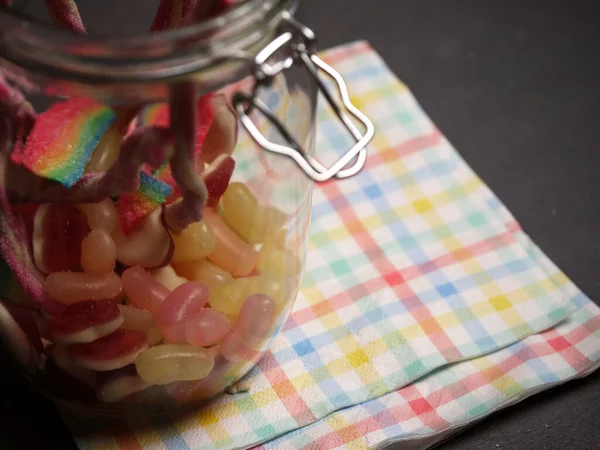 Glass Jar Candy Sweets Medium Shot Selective Focus — Stock Photo, Image