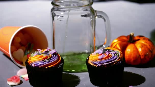 Halloween Potion Drink Cupcakes Trick Treat Smoke Effect Medium Shot — Stock Video