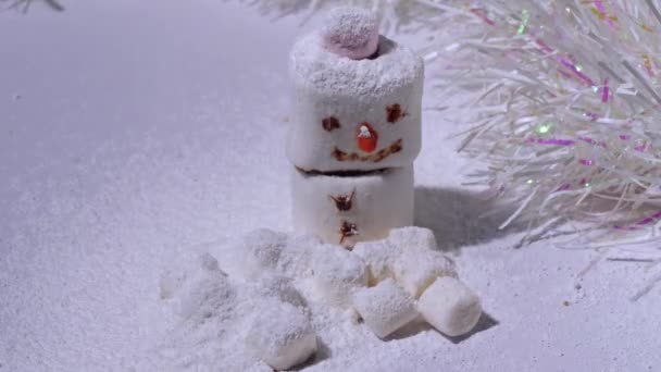 Şekerli Kar Fırtınasında Şekerli Kardan Adam Orta Boy Yavaş Çekim — Stok video