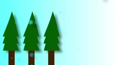 Mavi gökyüzü arka planında, arka planda kar taneleri düşen Noel ağaçları... 4k