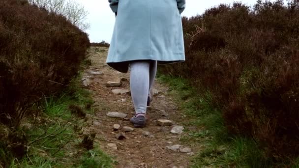 Mujer Caminando Yorkshire Campo Medio Dolly Tiro Enfoque Selectivo — Vídeo de stock