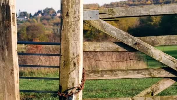 Rustikální Vratký Dřevěný Plot Zemědělci Pole Pozadí Široký Zoom Dolly — Stock video