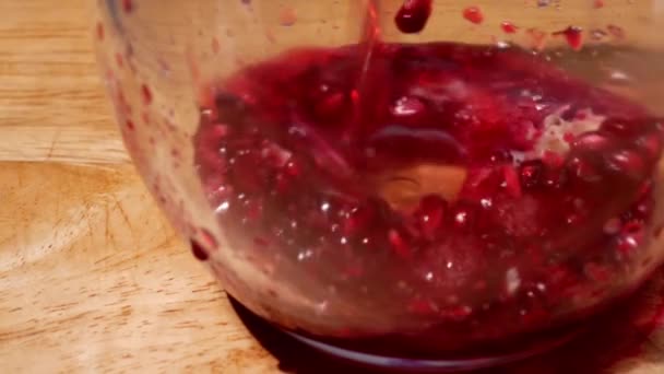 Pouring Pomegranate Juice Glass Jug Pitcher Close Zoom Shot Selective — Stock Video