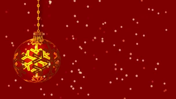 Золотая Елочная Игрушка Красном Фоне Падающими Снежками Анимация — стоковое видео