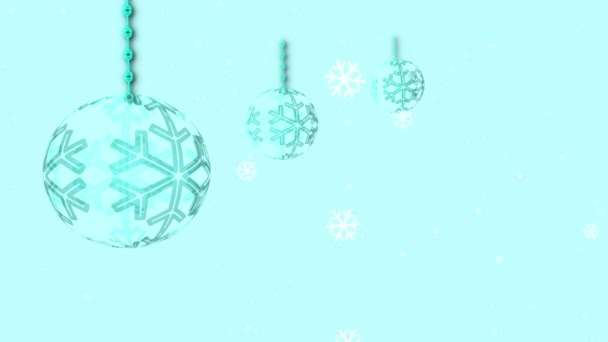雪の結晶が落下アニメーション3Dと青の背景に青いクリスマスの泡の装飾 — ストック動画