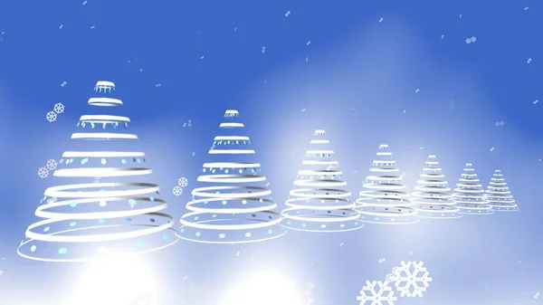 青い雲の背景のイラストの星と銀のクリスマスツリーの行 — ストック写真