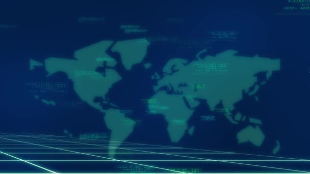 Digitala Data Flyter Rymden Med Global Världskarta Bakgrund Animation Koncept — Stockvideo