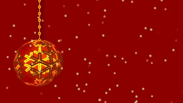Boule Noël Dorée Décoration Sur Fond Rouge Avec Des Flocons — Photo