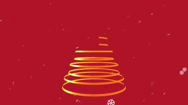 スター付きの黄金のクリスマスツリーが雪の結晶アニメーションと赤の背景に表示されます4K — ストック動画