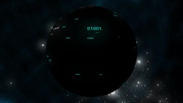 计算机代码球体和数据流通过空间 明亮的灯光4K动画黑暗背景 — 图库视频影像