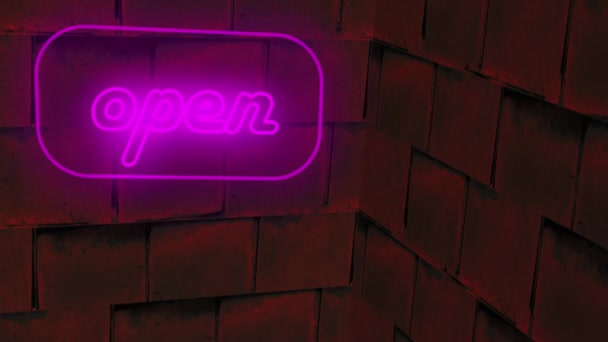 Otevřít Nápis Růžové Neonové Světlo Houpající Proti Animaci Cihlové Stěny — Stock video