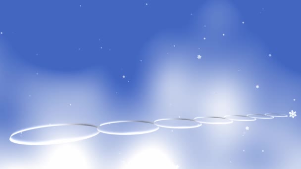 雪の結晶の背景アニメーションと青空に星とクリスマスツリーの行が表示されます — ストック動画