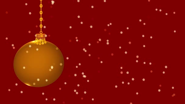 Golden Christmas Bauble Decoratie Rode Achtergrond Met Sneeuwvlokken Vallende Animatie — Stockvideo