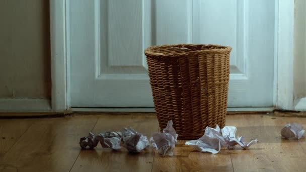 Throwing Waste Paper Trash Bin Medium Shot Zoom Slow Motion — Stok video
