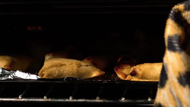烘焙派对食物在烤箱中慢动作放大镜头选择性聚焦 — 图库视频影像