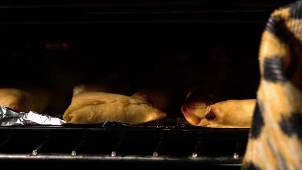 烘焙派对食物在烤箱中慢动作4K镜头选择性聚焦 — 图库视频影像