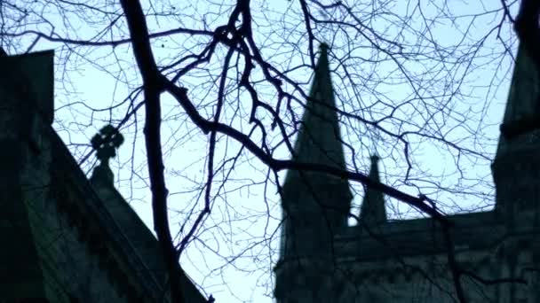 旧哥特式教堂塔台在冬季中4K发射选择性焦距 — 图库视频影像