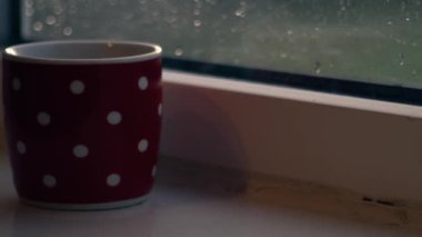 Woman with hot drink looks out of window in the rain close up zoom shot slow motion selective focus