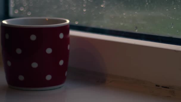 Woman Hot Drink Looks Out Window Rain Close Zoom Shot — Stockvideo