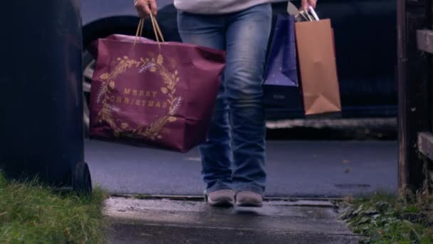 Woman Shopping Bags Walks Garden Path Medium Shot — Video