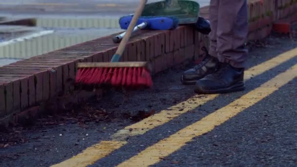 Road Sweeper Using Broom Sweep Road Medium Zoom Shot Slow — Vídeos de Stock