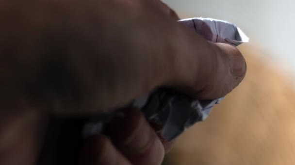 Hand Scrunching Waste Paper Close Shot Slow Motion Selective Focus — Vídeo de Stock