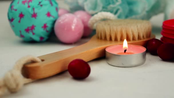 Preparing Relaxing Beauty Treatments Soap Candle Medium Dolly Slow Motion — 图库视频影像