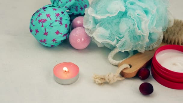 Preparing Relaxing Beauty Treatments Soap Candle Medium Slow Motion Shot — Stockvideo