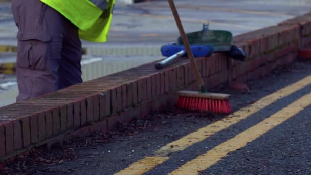 Road Sweeper Using Broom Sweep Road Medium Zoom Shot Slow — Stockvideo