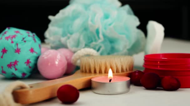 Preparing Relaxing Beauty Treatments Soap Candle Close Slow Motion Shot — Stock video