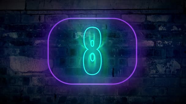 Countdown Neon Gegen Ziegelwand Animation Retro Stil Konzept — Stockvideo