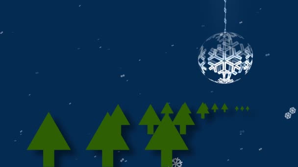 Blue Christmas Bauble Decoration Christmas Pine Trees Snowflakes Falling Animation — Vídeo de Stock