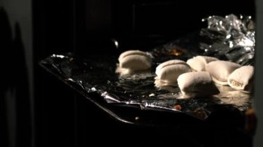 Putting party food selection in the oven close up slow motion 4k shot selective focus