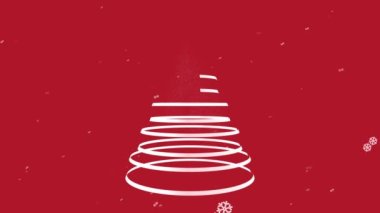  Kırmızı arkaplanda Noel ağaçları beliriyor. Kar taneleri arka plan animasyonu 4k