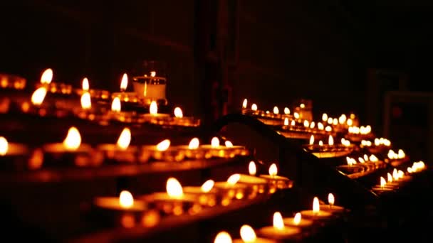 Rows Tea Light Candles Burning Church Wide Slow Motion Shot — Video
