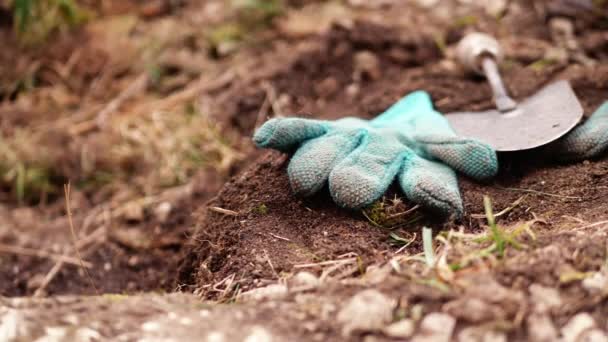 Gardening Gloves Spade Soil Medium Panning Shot Zoom Selective Focus — Stock Video