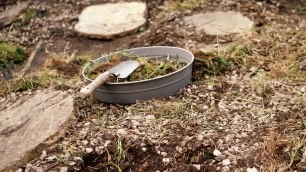 土壌ふるいとスペード低ワイドパンニングと庭の造園4Kショット選択的フォーカス — ストック動画