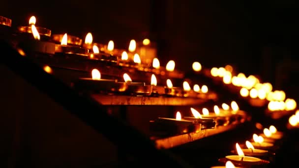 Rows Tea Light Candles Burning Church Wide Slow Motion Shot — Stock video