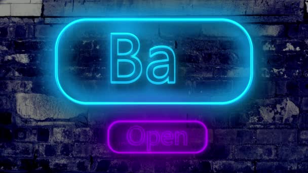 Bar Otwarty Znak Niebieski Neon Światło Przeciwko Cegły Ściany Animacji — Wideo stockowe