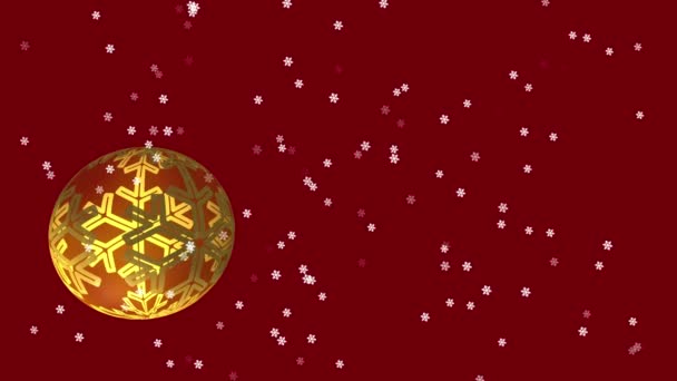 Arany Karácsonyi Csecsebecse Dekoráció Piros Háttér Hópelyhek Alá Animáció — Stock videók