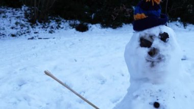 Kış parkında yün şapkalı kardan adam zum çekerken seçici bir odak noktası