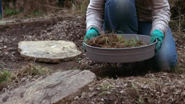 成長中の植物のための土壌ふるいで土壌を準備する庭師スローモーションショット選択的焦点 — ストック動画
