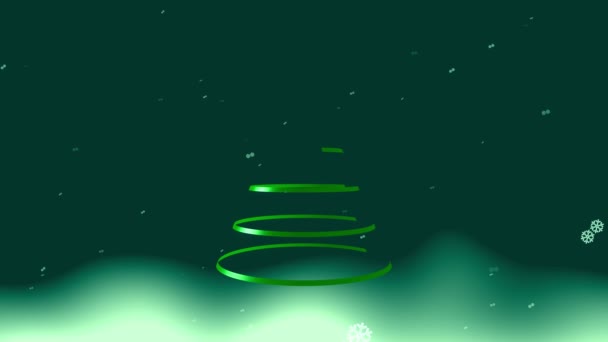 Зелені Ялинки Являються Зеленому Сніжному Небі Анімацією Фоні Сніжинок — стокове відео