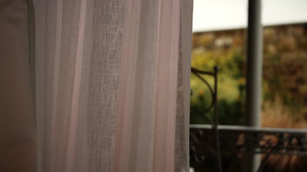 Curtains Reveal Patio View Countryside Hotel Slow Motion Shot Selective — Stock Video