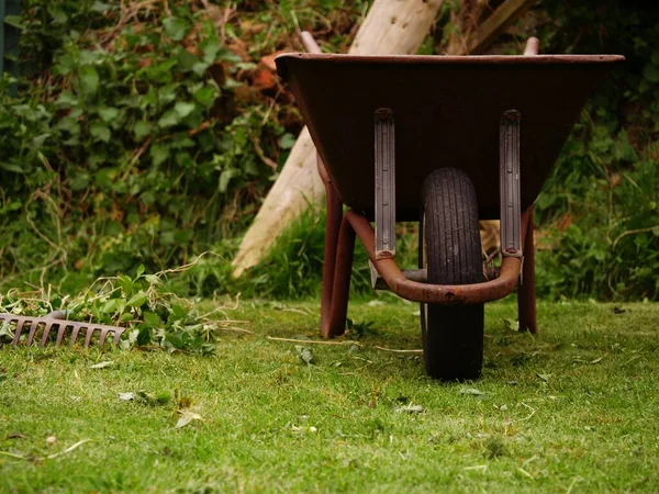 Lawn Rake Rusty Old Wheelbarrow Garden Medium Shot Selective Focus — Stock Photo, Image