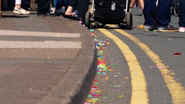 Confetti Street Carnival Celebration Blowing Wind Medium Slow Motion Zoom — Stok Video