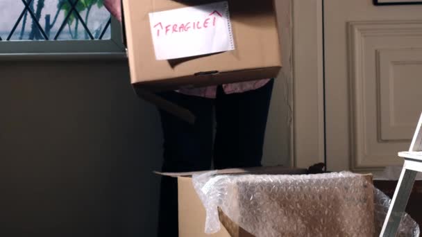 Moving Home Cardboard Boxes Medium Shot Slow Motion Shot Selective — Stock Video