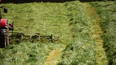 Çimleri biçen traktörlü yaz çayırı yavaş çekim seçici odak noktası